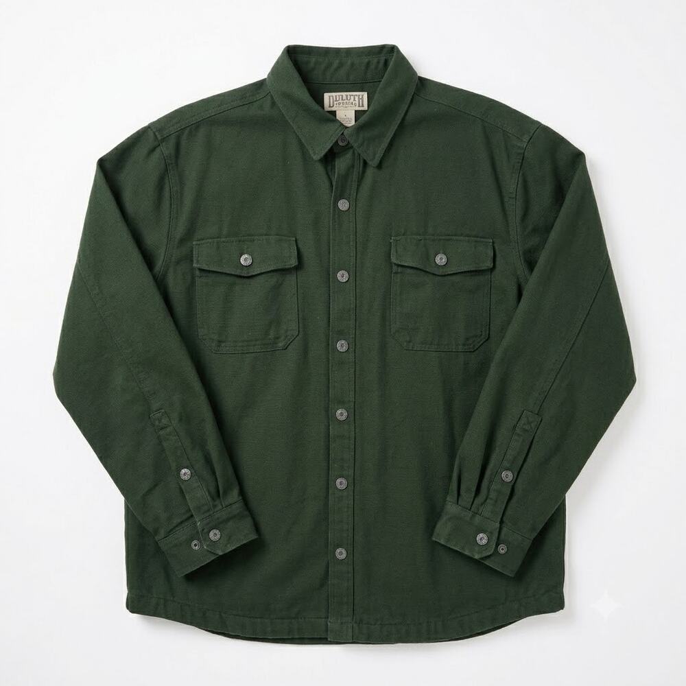 Duluth Trading Co Fleece Lined Canvas Shirt Jacket Green Workwear Cotton Mens XL